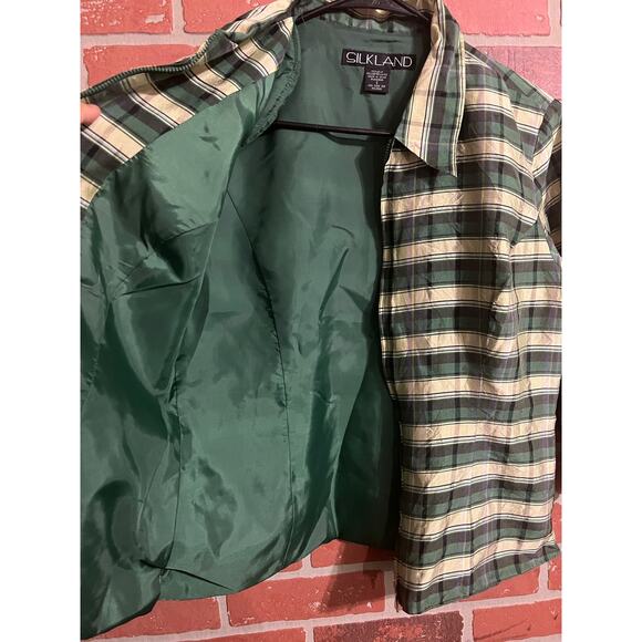 SILKLAND | Green Plaid Silk Zip Up Jacket - Picture 5 of 6